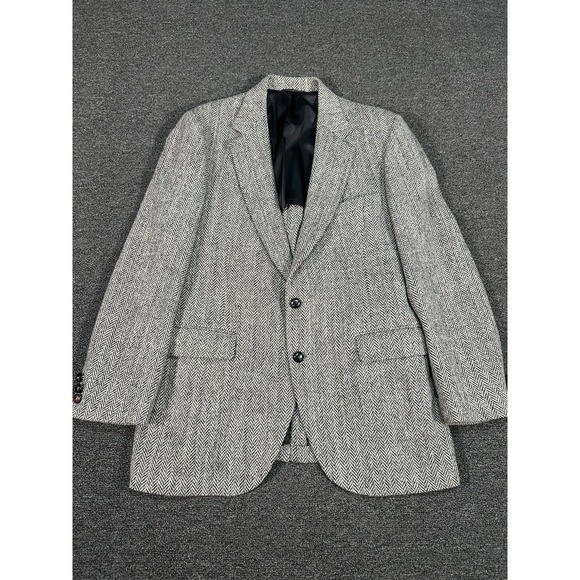 Vintage Harris Tweed Blazer Men's 40R Black White Herringbone Scottish Stafford - Picture 1 of 10